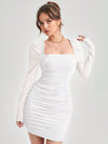 Radiant Ruched Mesh Overlay Dress with Frill Trim and Gigot Sleeves