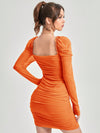 Radiant Ruched Mesh Overlay Dress with Frill Trim and Gigot Sleeves