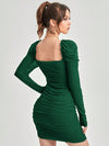 Radiant Ruched Mesh Overlay Dress with Frill Trim and Gigot Sleeves