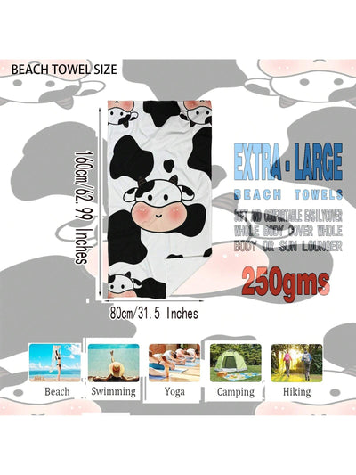 Summer Essential: Cow Print Microfiber Beach Towel - Sand Resistant, Quick Drying, and Absorbent