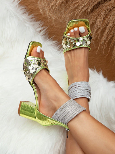 Lime Green Glitter High-Heeled Sandals: Sparkle and Shine at Any Event!