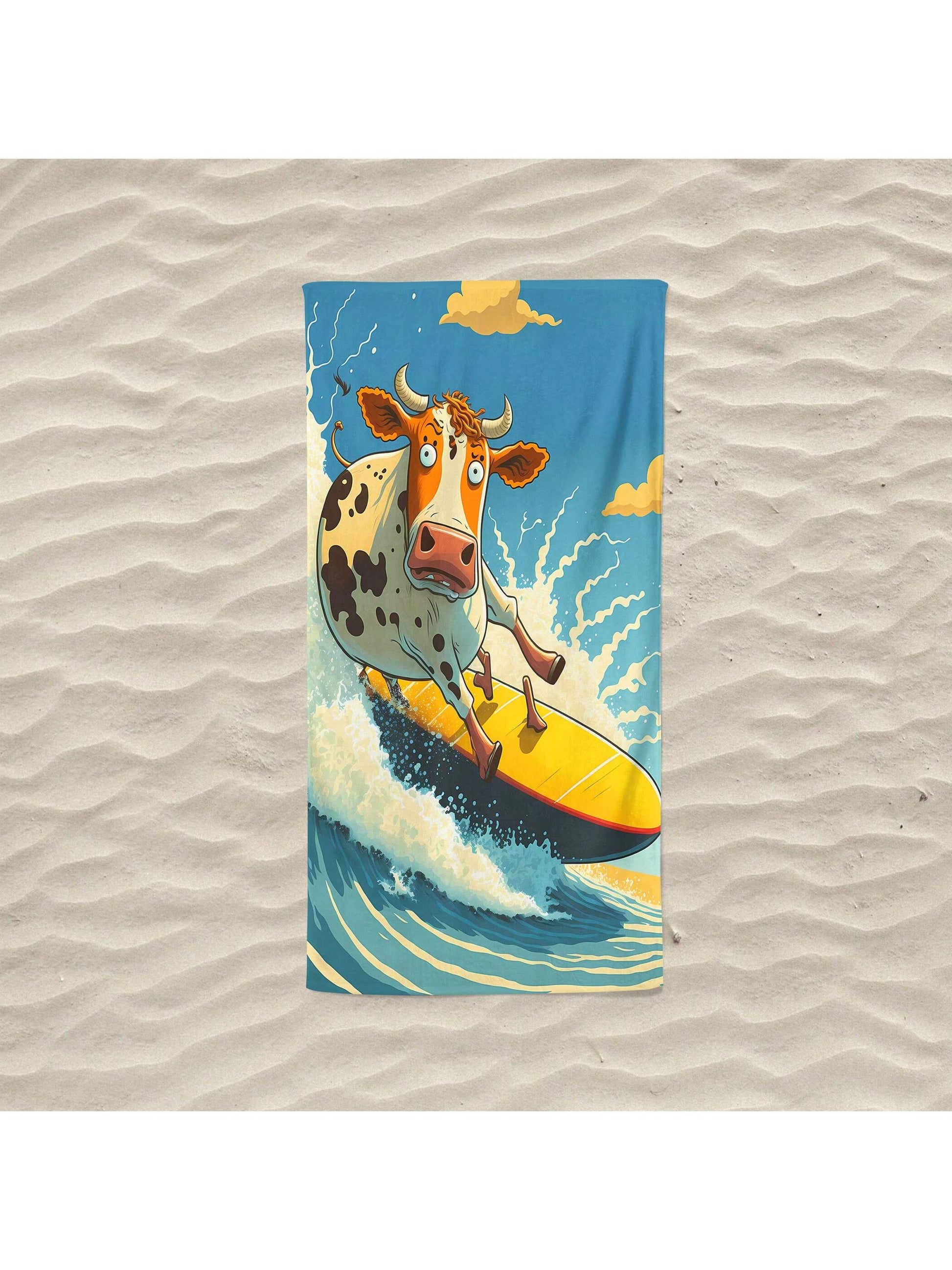 Experience the ultimate fun in the sun with our Cow Surfing Fun <a href="https://canaryhouze.com/collections/towels?sort_by=created-descending" target="_blank" rel="noopener">beach towel</a>! Made with high-quality microfiber material, this towel is soft, absorbent, and quick-drying. Its playful cartoon design is perfect for both men and women. Enjoy the beach or pool with this stylish and functional towel.