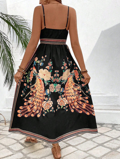 Peacock Paradise: Women's Vintage Style Strappy Dress