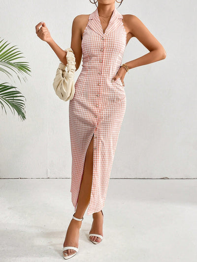 Chic in Plaid: Halter Neck A-Line Dress