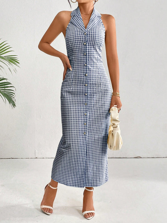 Chic in Plaid: Halter Neck A-Line Dress