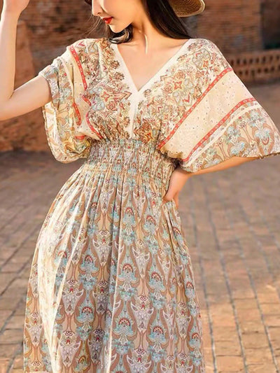 Vintage Floral Batwing Sleeves Long Dress: A Must-Have for Vacation and Leisure