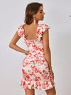 Spring Blooms Bodycon: Floral Print Knot Front Ruffle Trim Dress