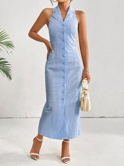 Chic in Plaid: Halter Neck A-Line Dress