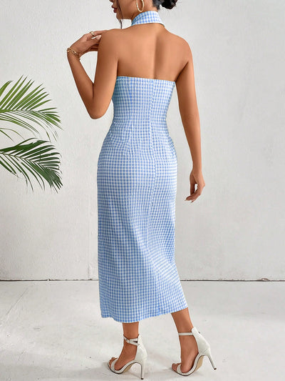 Chic in Plaid: Halter Neck A-Line Dress