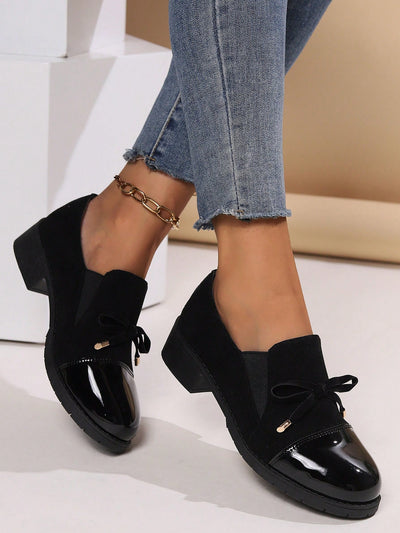 Chic Bow Tie High-Heel Casual Loafers - Stylish Thick Sole Leather Boots for Effortless Elegance