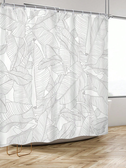 Simple Artistic Summer Palm Leaves Black and White Striped Shower Curtain Set