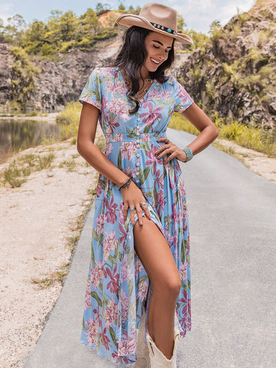 Colorful Floral Printed High-Waisted Slit Dress: The Perfect Spring Look