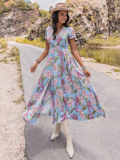 Colorful Floral Printed High-Waisted Slit Dress: The Perfect Spring Look