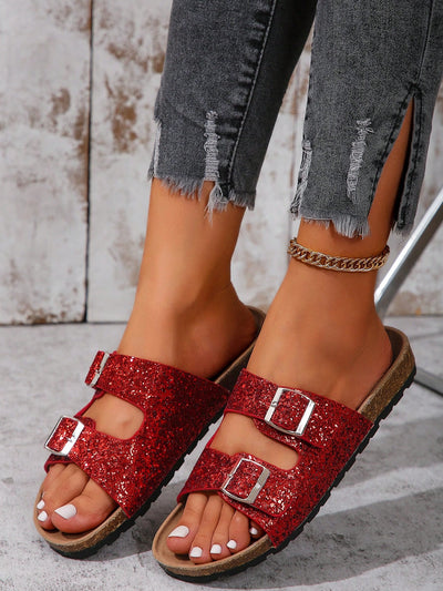 Sparkle in Style: Glitter Double Buckle Footbed Sandals for Women