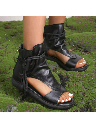 Chic Roman Style Waterproof Platform Black Sandals for Women - Elevate Your Summer Style