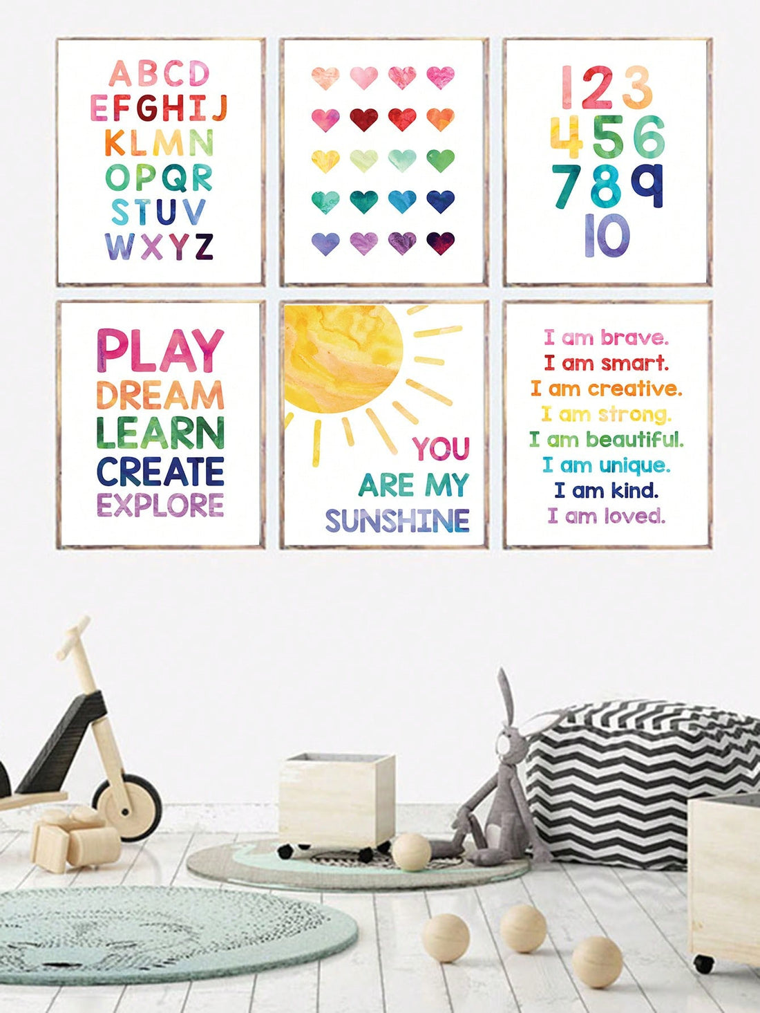 Elevate your living space with the Boho Chic: 6pc Rainbow Positive Quotes Wall Art Prints. These beautifully crafted prints feature inspiring, positive quotes in a vibrant rainbow color scheme, adding a touch of positivity to any room. Made with high-quality materials, these prints are the perfect addition to your home decor.