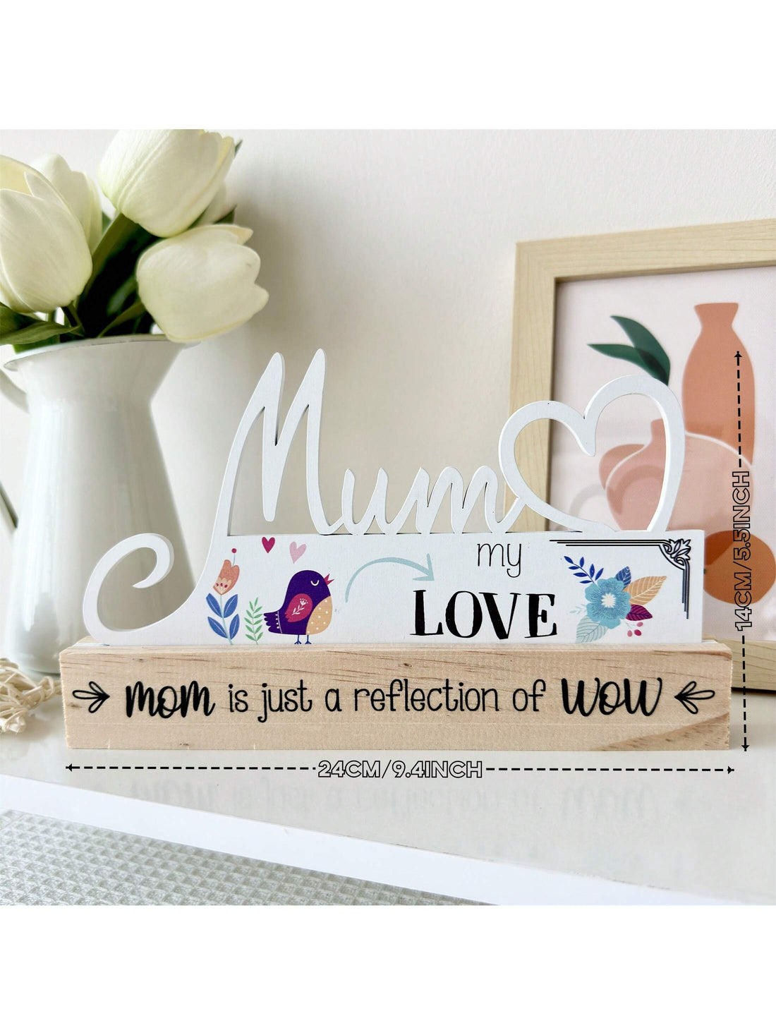 Celebrate Mother's Day in style with this beautifully handcrafted wooden centerpiece. Perfect as a table decoration or <a href="https://canaryhouze.com/collections/ornaments" target="_blank" rel="noopener">gift</a> for Mom, this piece is made with care and attention to detail. Show your appreciation for all she does with this unique and thoughtful item.