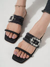 Chic Denim Flat Sandals: Rhinestone-Adorned Footwear for Stylish Outdoor Adventures