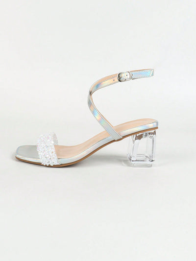 Shine Bright in Silver: Crystal Rhinestone Chunky Heel Sandals for Parties