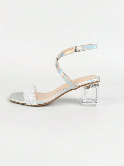 Shine Bright in Silver: Crystal Rhinestone Chunky Heel Sandals for Parties