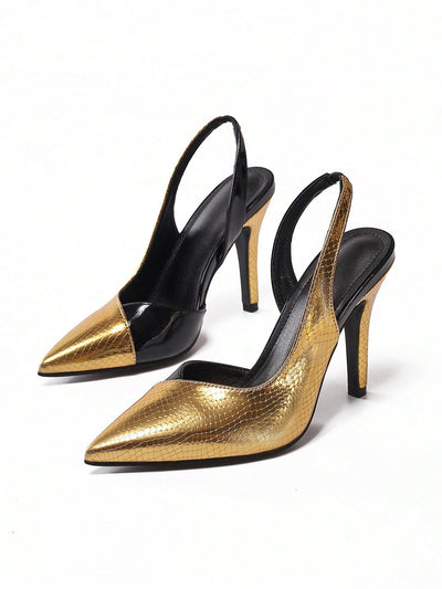 Golden Glamour: Elegant Color Block Stiletto Sandals for Parties and Formal Occasions