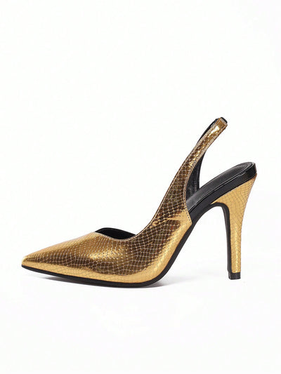 Golden Glamour: Elegant Color Block Stiletto Sandals for Parties and Formal Occasions