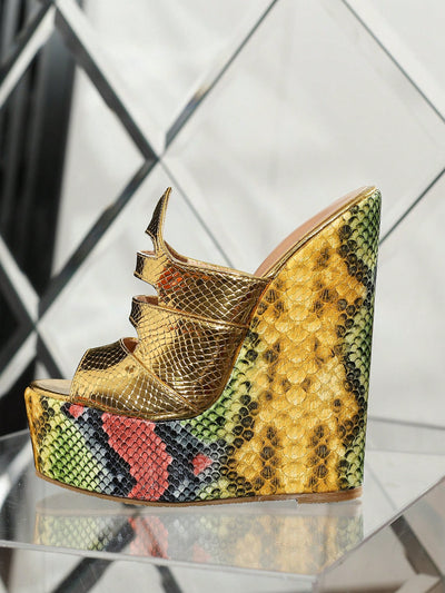 Snake Print Color Block Platform Sandal - Elevate Your Style with Super High Heel