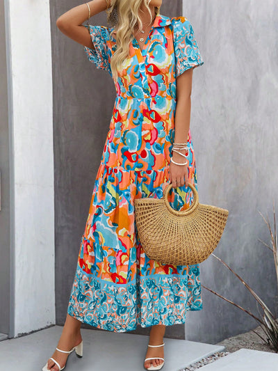 Lovely in Lune: Floral Print Ruffle Hem V-Neck Dress