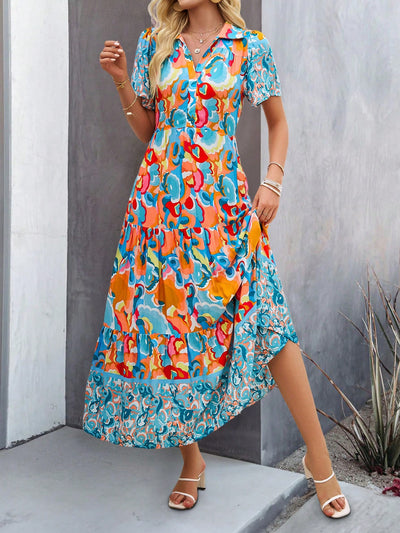 Lovely in Lune: Floral Print Ruffle Hem V-Neck Dress