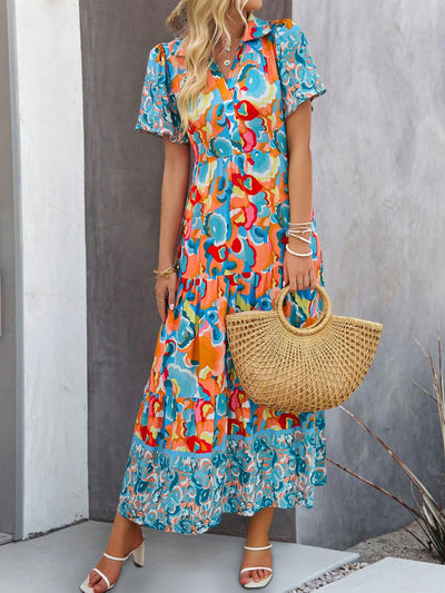 Lovely in Lune: Floral Print Ruffle Hem V-Neck Dress