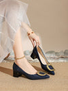 Stone Pattern Light Blue Autumn Shallow Mouth Pumps with Chunky Heel - Women's Fashion