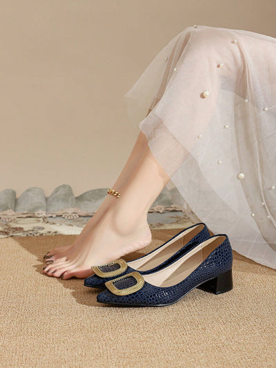 Stone Pattern Light Blue Autumn Shallow Mouth Pumps with Chunky Heel - Women's Fashion