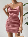 Chic Elegance: Women's Slim Fit Draped Neck Sleeveless Dress in Solid Color