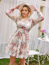 Floral Pattern Print Lantern Sleeve Women's V-Neck Dress: A Flirty Ruffle Hem Delight