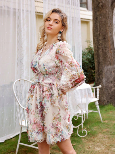 Floral Pattern Print Lantern Sleeve Women's V-Neck Dress: A Flirty Ruffle Hem Delight