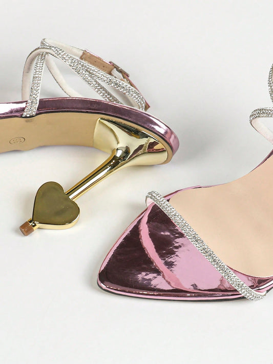 Sparkle and Shine: Rhinestone Strappy High Heeled Sandals with Heart-Shaped Crystal Heel in Pink
