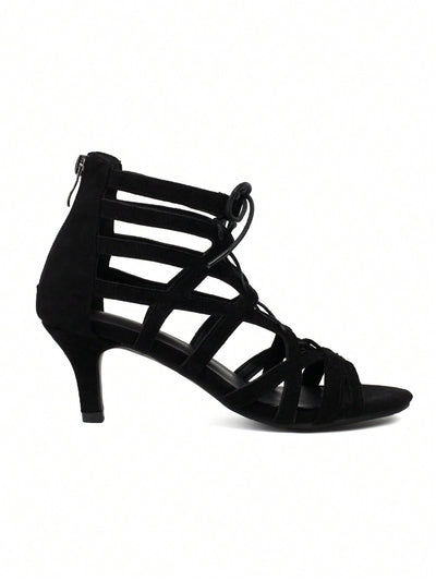 Chic Black Suede Cut-Out Heeled Sandals: Effortlessly Elegant Style for Women
