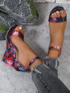 Womens Flat Sneakers: Large Size Wedge Platform Open Toe Floral Ankle Strap with Buckle in Champagne Red