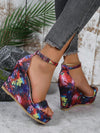 Womens Flat Sneakers: Large Size Wedge Platform Open Toe Floral Ankle Strap with Buckle in Champagne Red
