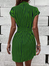 Chic and Sophisticated: Striped Print Notched Neckline Batwing Sleeve Belted Dress