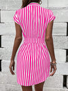 Chic and Sophisticated: Striped Print Notched Neckline Batwing Sleeve Belted Dress