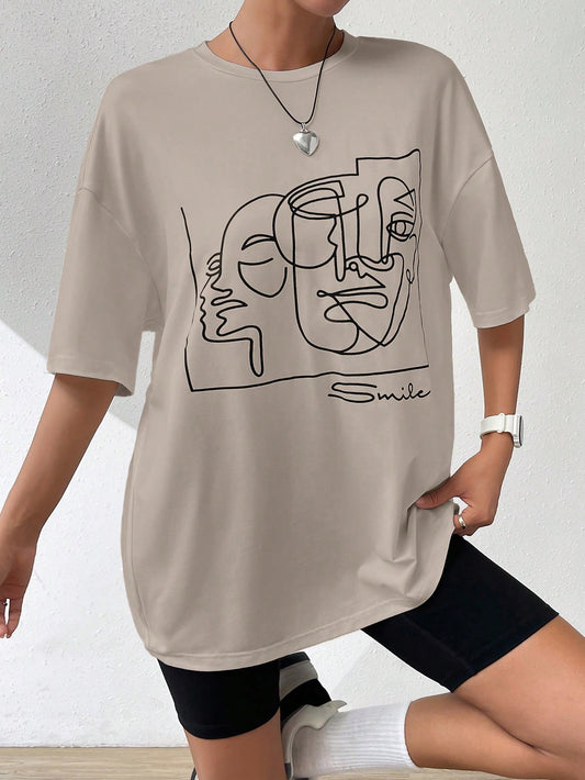 Chic Y2K Abstract Figure Graphic Drop Shoulder Tee for Effortless Summer Style