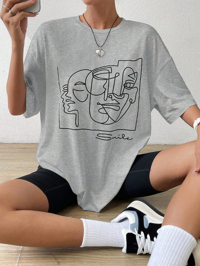 Chic Y2K Abstract Figure Graphic Drop Shoulder Tee for Effortless Summer Style