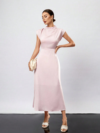 Pink Perfection: Solid Color Simple Half High Collar Dress for Women