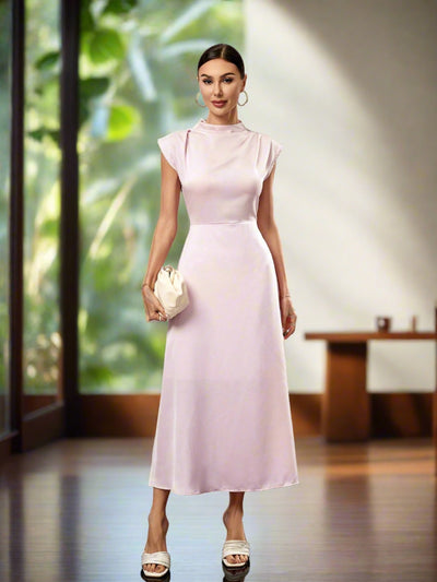 Pink Perfection: Solid Color Simple Half High Collar Dress for Women