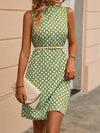 Elegant Sleeveless Mandarin Collar Dress with Full Print Details