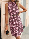 Elegant Sleeveless Mandarin Collar Dress with Full Print Details