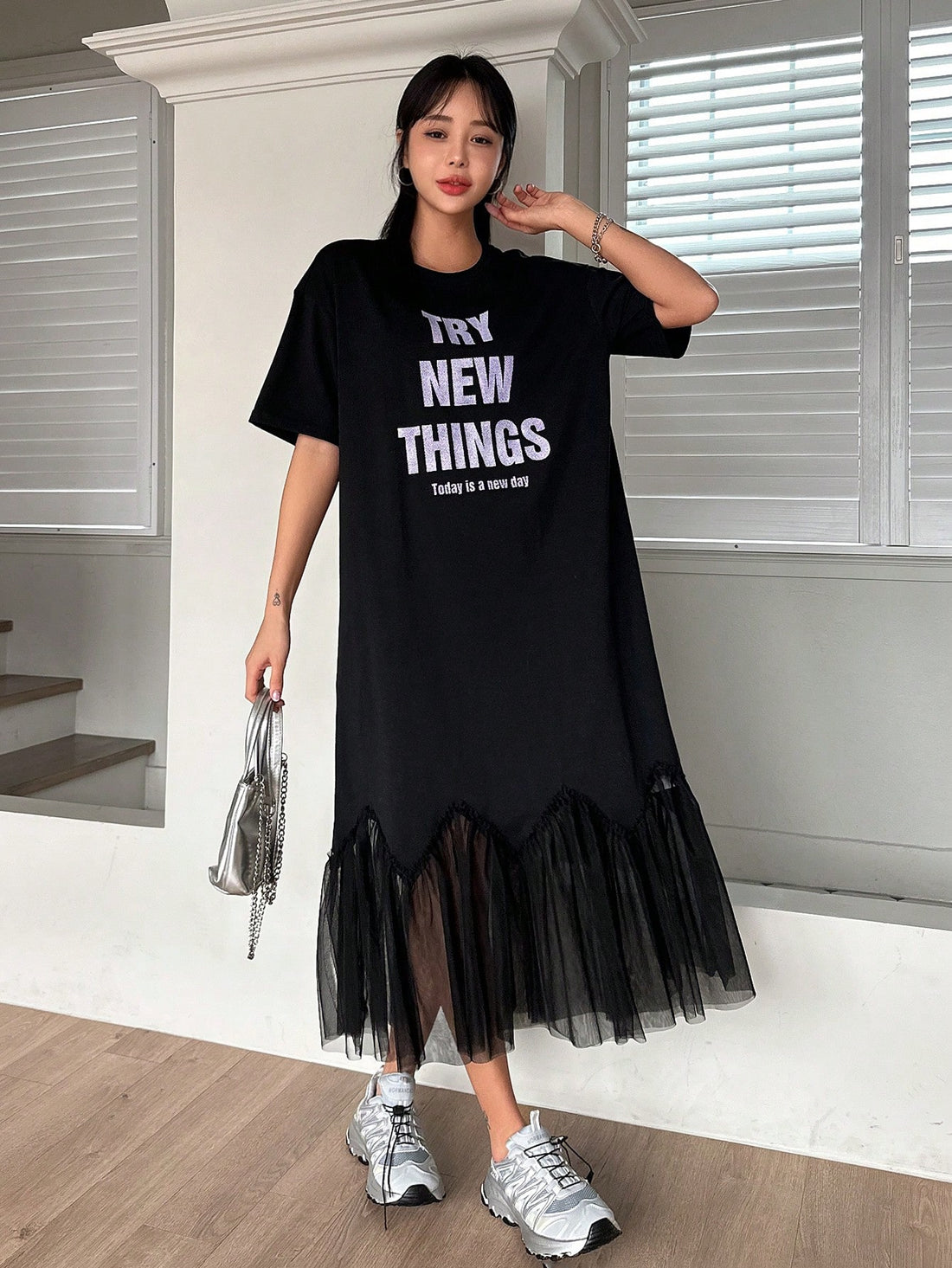 This Chic and Stylish dress features a unique letter print and mesh patchwork design on the short sleeves, adding a trendy and fashionable touch to your wardrobe. Made with high-quality materials, this dress offers both comfort and style for any occasion. Upgrade your look with this modern and eye-catching piece.