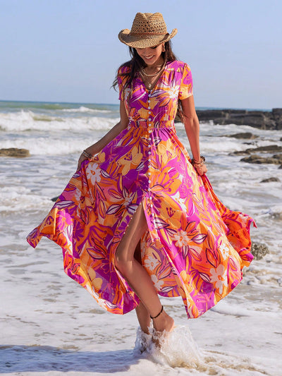 Colorful Floral Printed High-Waisted Slit Dress: The Perfect Spring Look