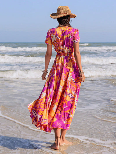 Colorful Floral Printed High-Waisted Slit Dress: The Perfect Spring Look